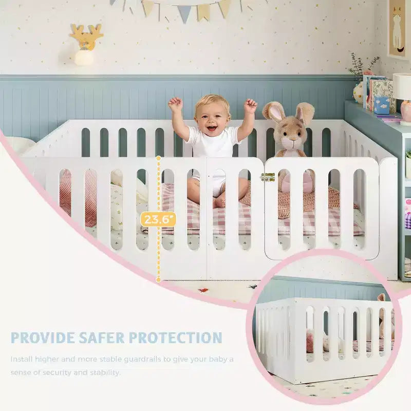 Lit au sol Montessori une place avec barrière haute et porte, lit pour enfant en bois massif, design à profil bas, blanc