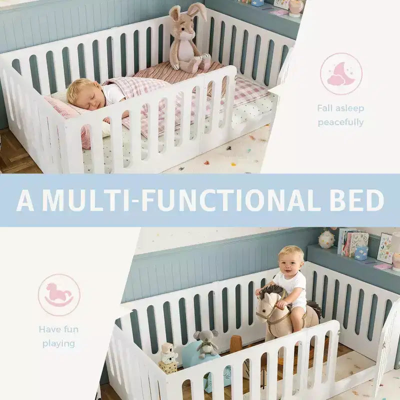 Lit au sol Montessori une place avec barrière haute et porte, lit pour enfant en bois massif, design à profil bas, blanc