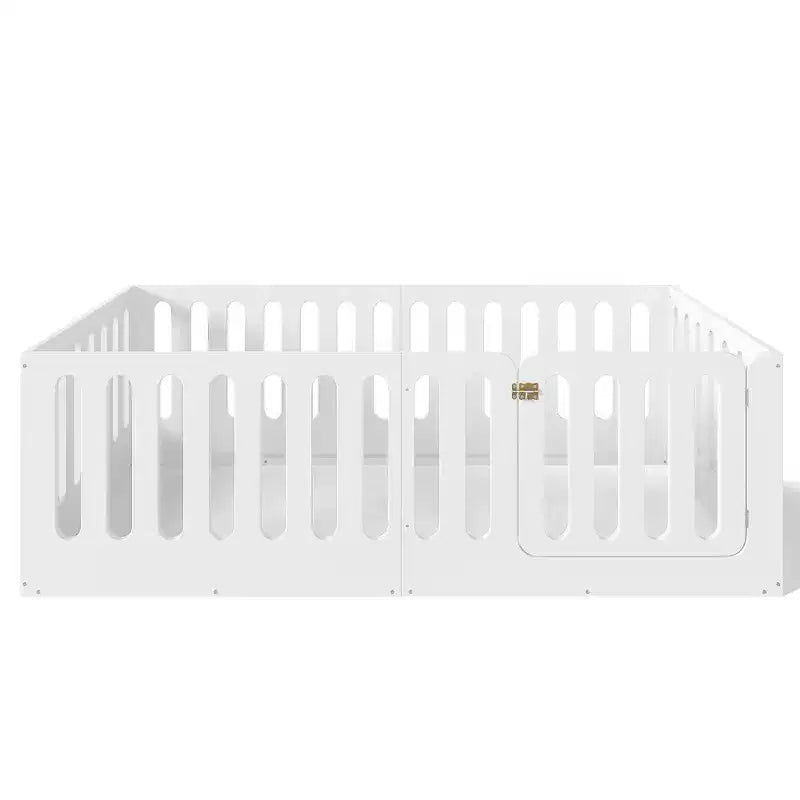 Lit au sol Montessori une place avec barrière haute et porte, lit pour enfant en bois massif, design à profil bas, blanc