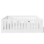 Lit au sol Montessori une place avec barrière haute et porte, lit pour enfant en bois massif, design à profil bas, blanc