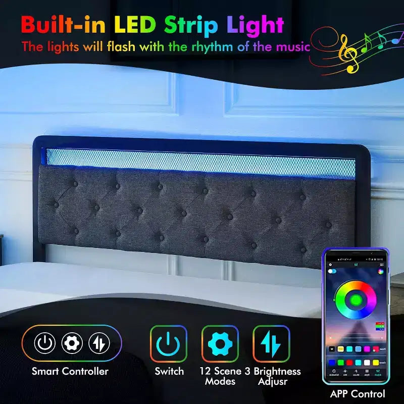 Full Size Metal Platform Bed Frame with LED Lights & 2 Storage Drawers, Noise-Free, No Box Spring Needed, Easy Assembly, Gray