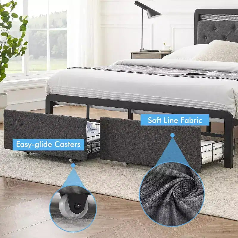 Full Size Metal Platform Bed Frame with LED Lights & 2 Storage Drawers, Noise-Free, No Box Spring Needed, Easy Assembly, Gray