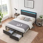 Full Size Metal Platform Bed Frame with LED Lights & 2 Storage Drawers, Noise-Free, No Box Spring Needed, Easy Assembly, Gray