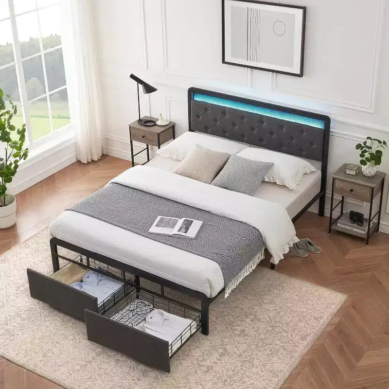 Full Size Metal Platform Bed Frame with LED Lights & 2 Storage Drawers, Noise-Free, No Box Spring Needed, Easy Assembly, Gray