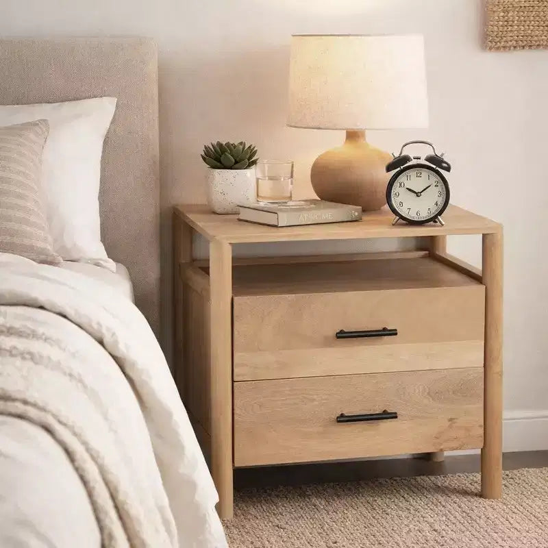 Royal Hampton Geti 29 Inch Bedside Nightstand Table, 2 Drawer, Open Shelf, Handcrafted Natural Oak White Mango Wood