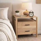 Royal Hampton Geti 29 Inch Bedside Nightstand Table, 2 Drawer, Open Shelf, Handcrafted Natural Oak White Mango Wood