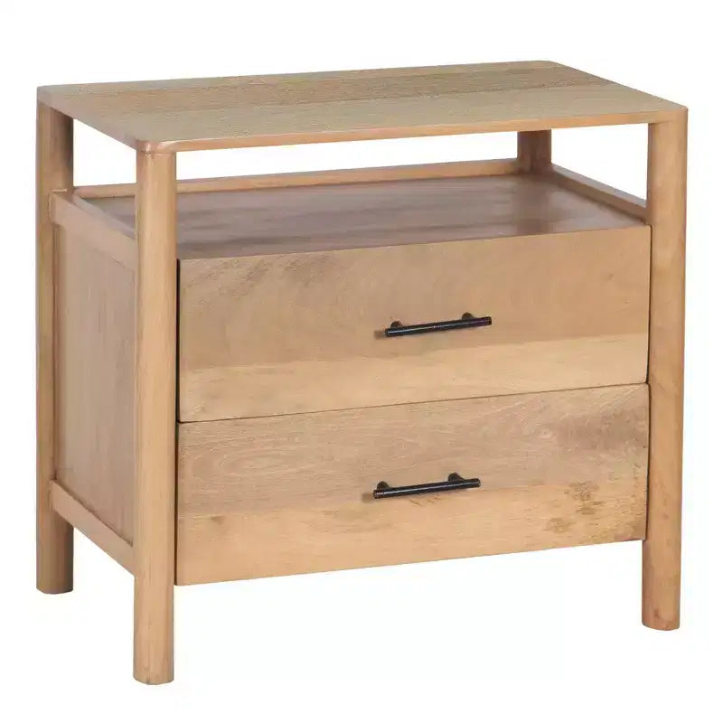 Table de chevet Royal Hampton Geti 29 pouces, 2 tiroirs, étagère ouverte, bois de manguier blanc et chêne naturel fabriqué à la main