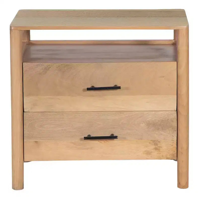 Table de chevet Royal Hampton Geti 29 pouces, 2 tiroirs, étagère ouverte, bois de manguier blanc et chêne naturel fabriqué à la main