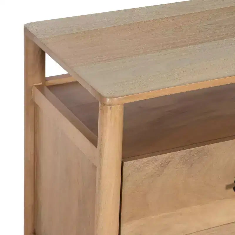 Table de chevet Royal Hampton Geti 29 pouces, 2 tiroirs, étagère ouverte, bois de manguier blanc et chêne naturel fabriqué à la main