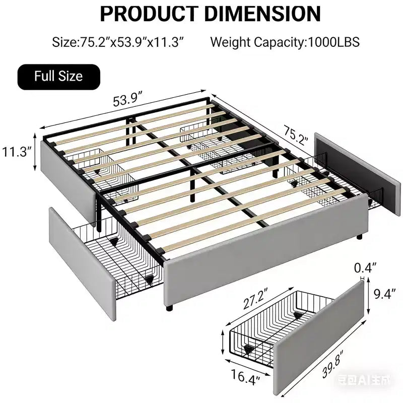 Platform Bed Frame, Fabric Upholstered with 4 Storage Drawers, Wooden Slats Support, No Box Spring Needed, Noise Free, Easy Assembly, Gray Full