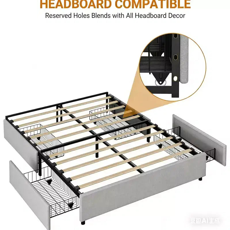 Platform Bed Frame, Fabric Upholstered with 4 Storage Drawers, Wooden Slats Support, No Box Spring Needed, Noise Free, Easy Assembly, Gray Full