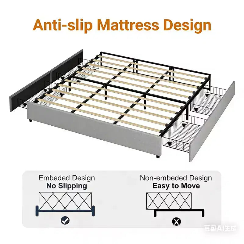 Platform Bed Frame, Fabric Upholstered with 4 Storage Drawers, Wooden Slats Support, No Box Spring Needed, Noise Free, Easy Assembly, Gray Full