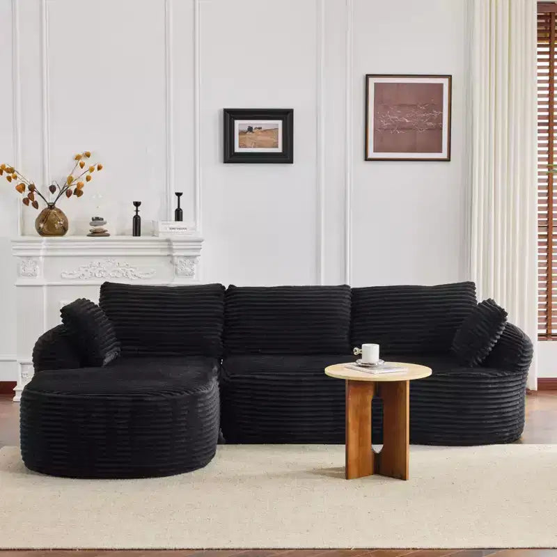 Karl Home |100 in.W Round Arm Corduroy Round L-shaped Boneless Sofa in Black