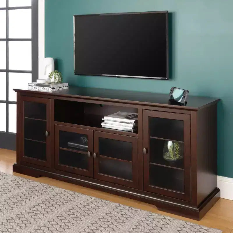 Meuble TV haut traditionnel en verre pour téléviseurs jusqu'à 80 pouces, couleur expresso