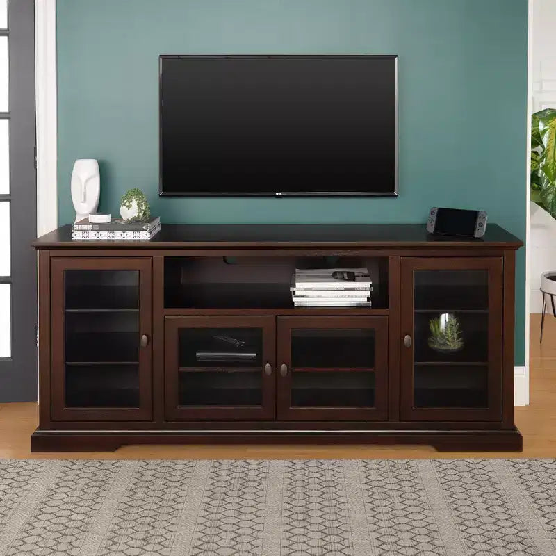 Meuble TV haut traditionnel en verre pour téléviseurs jusqu'à 80 pouces, couleur expresso