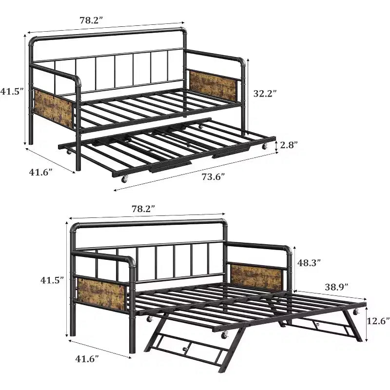 Twin Daybed with Pop Up Trundle Set, Metal Bed Frame with Steel Slat Support, Sofa Bed for Kids/Teens/Adults, Easy Assembly