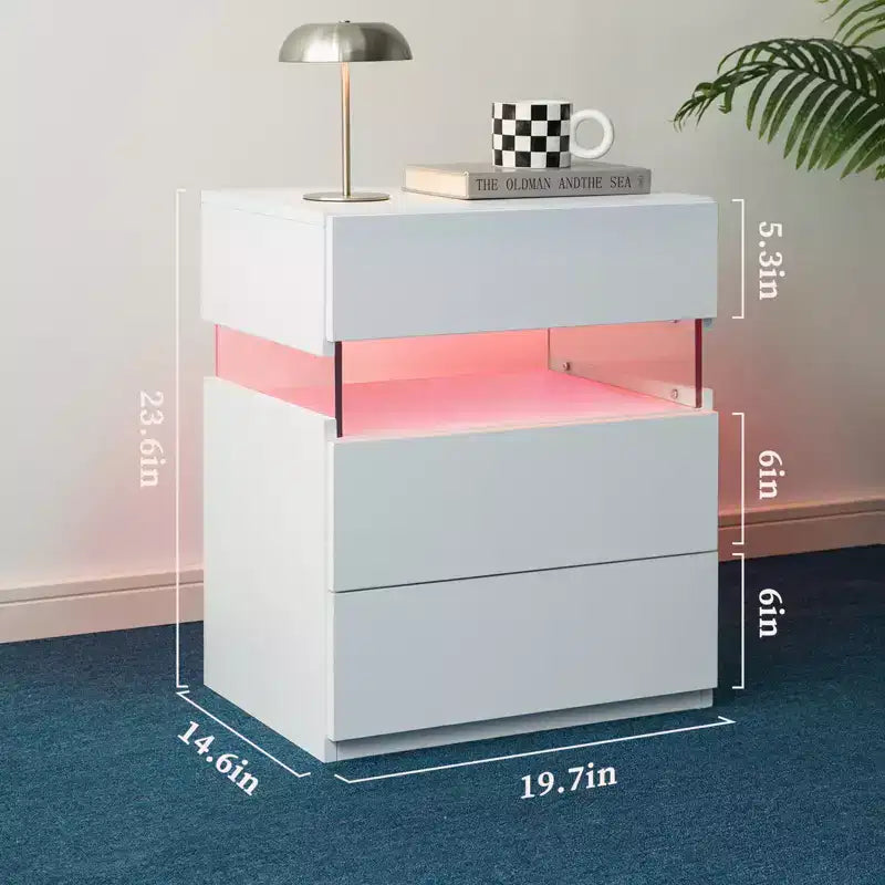 Table de Chevet à 3 Tiroirs avec Lumière LED pour Chambre à Coucher ou Salon