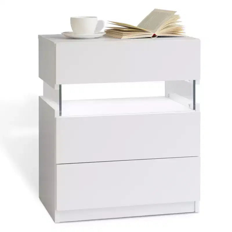 Table de Chevet à 3 Tiroirs avec Lumière LED pour Chambre à Coucher ou Salon