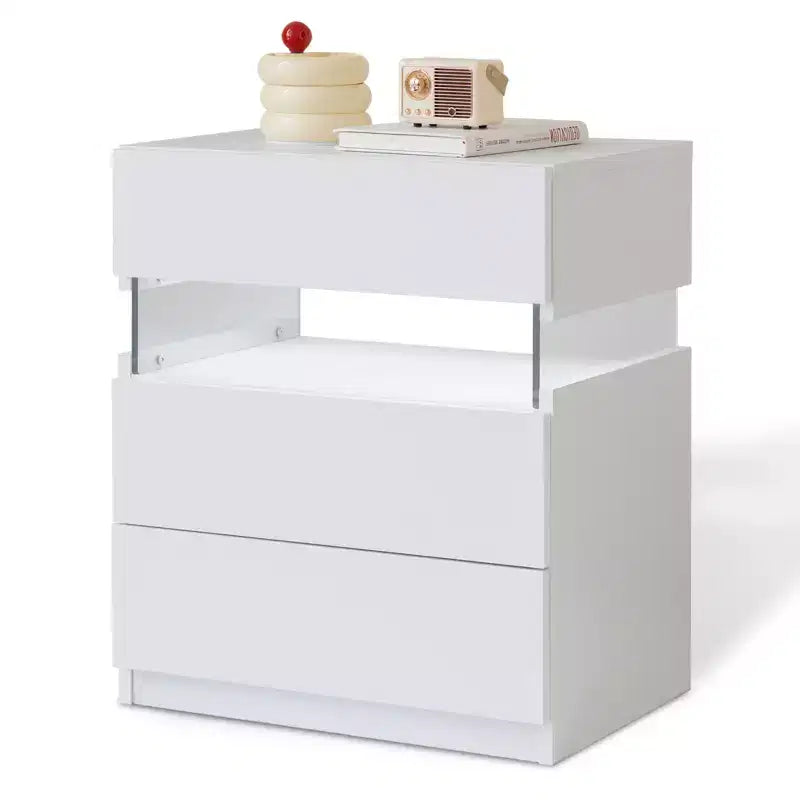 Table de Chevet à 3 Tiroirs avec Lumière LED pour Chambre à Coucher ou Salon