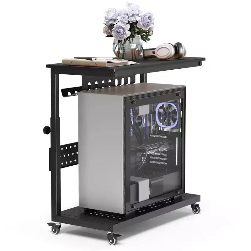 Computer Tower Stand with Wheels, Height Adjustable CPU Holder Cart, 2 Tier Rolling PC Standing Under Desk, Side Table for Gaming Home Office