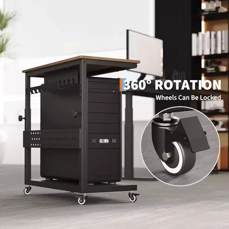 Computer Tower Stand with Wheels, Height Adjustable CPU Holder Cart, 2 Tier Rolling PC Standing Under Desk, Side Table for Gaming Home Office