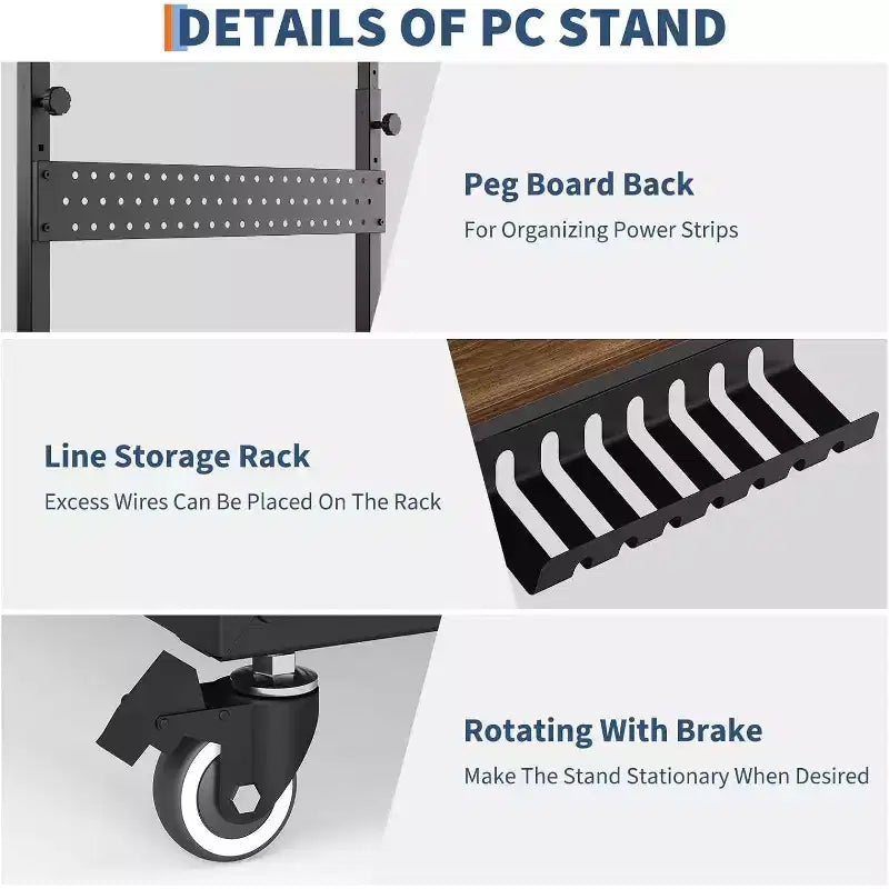 Computer Tower Stand with Wheels, Height Adjustable CPU Holder Cart, 2 Tier Rolling PC Standing Under Desk, Side Table for Gaming Home Office