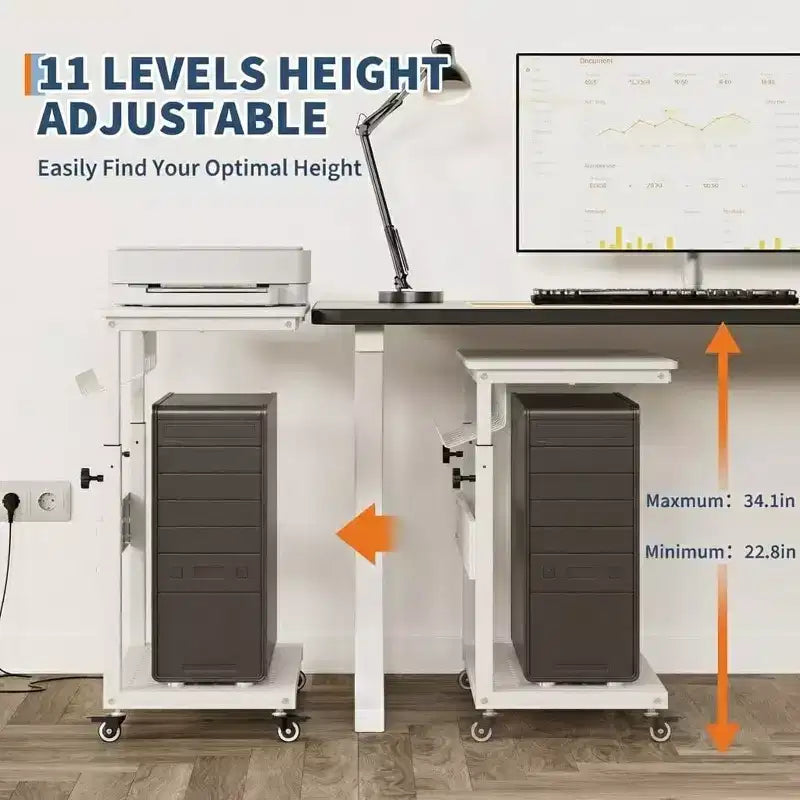 Computer Tower Stand with Wheels, Height Adjustable CPU Holder Cart, 2 Tier Rolling PC Standing Under Desk, Side Table for Gaming Home Office
