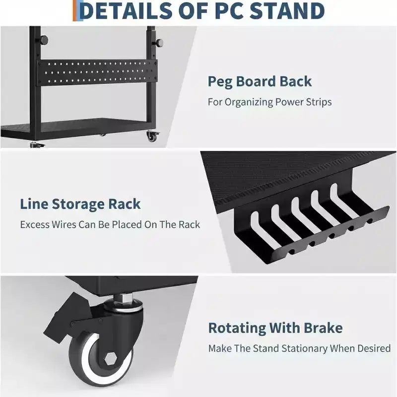Computer Tower Stand with Wheels, Height Adjustable CPU Holder Cart, 2 Tier Rolling PC Standing Under Desk, Side Table for Gaming Home Office