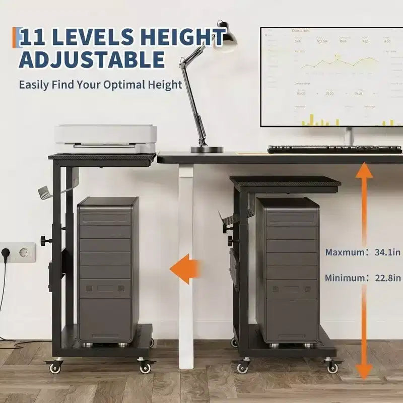 Computer Tower Stand with Wheels, Height Adjustable CPU Holder Cart, 2 Tier Rolling PC Standing Under Desk, Side Table for Gaming Home Office