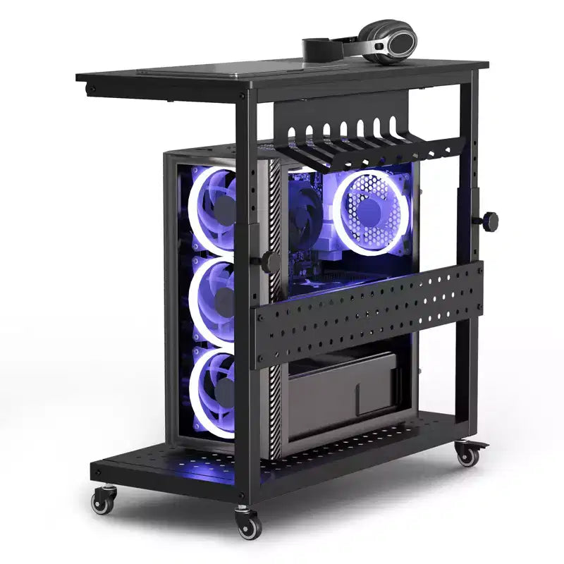 Computer Tower Stand with Wheels, Height Adjustable CPU Holder Cart, 2 Tier Rolling PC Standing Under Desk, Side Table for Gaming Home Office
