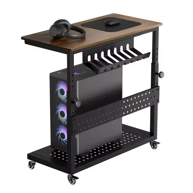 Computer Tower Stand with Wheels, Height Adjustable CPU Holder Cart, 2 Tier Rolling PC Standing Under Desk, Side Table for Gaming Home Office