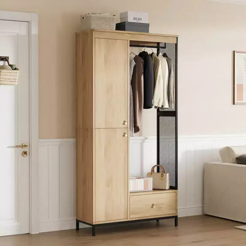 Grande armoire-dressing avec étagères et penderie, Armoire à cadre métallique de 78,9 cm avec tiroir, espace de suspension ouvert et compartiment de rangement