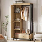 Grande armoire-dressing avec étagères et penderie, Armoire à cadre métallique de 78,9 cm avec tiroir, espace de suspension ouvert et compartiment de rangement