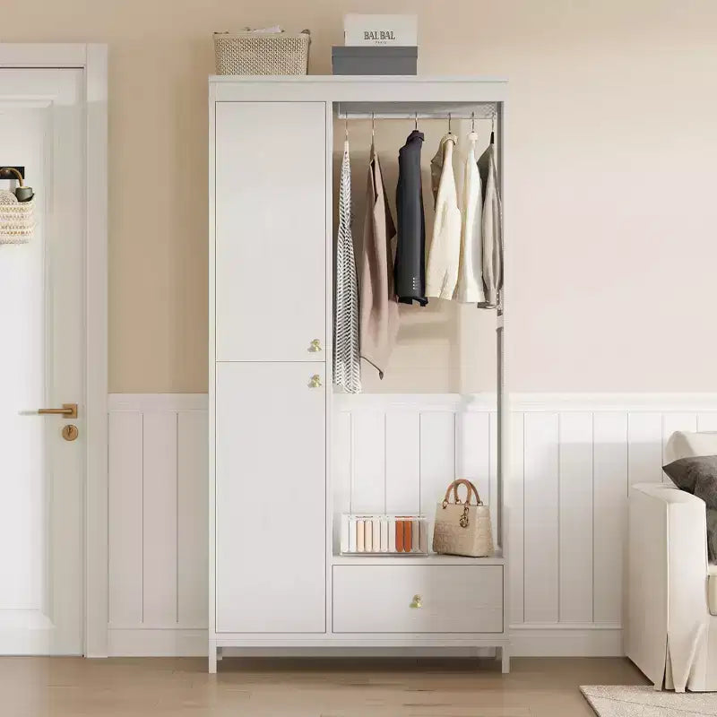 Grande armoire-dressing avec étagères et penderie, Armoire à cadre métallique de 78,9 cm avec tiroir, espace de suspension ouvert et compartiment de rangement