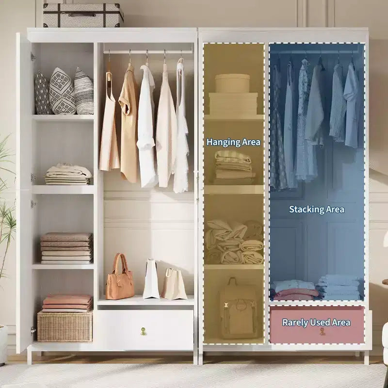 Grande armoire-dressing avec étagères et penderie, Armoire à cadre métallique de 78,9 cm avec tiroir, espace de suspension ouvert et compartiment de rangement