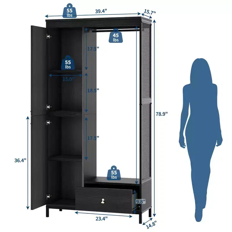 Grande armoire-dressing avec étagères et penderie, Armoire à cadre métallique de 78,9 cm avec tiroir, espace de suspension ouvert et compartiment de rangement