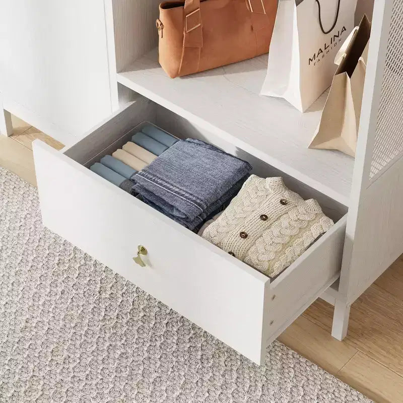 Grande armoire-dressing avec étagères et penderie, Armoire à cadre métallique de 78,9 cm avec tiroir, espace de suspension ouvert et compartiment de rangement