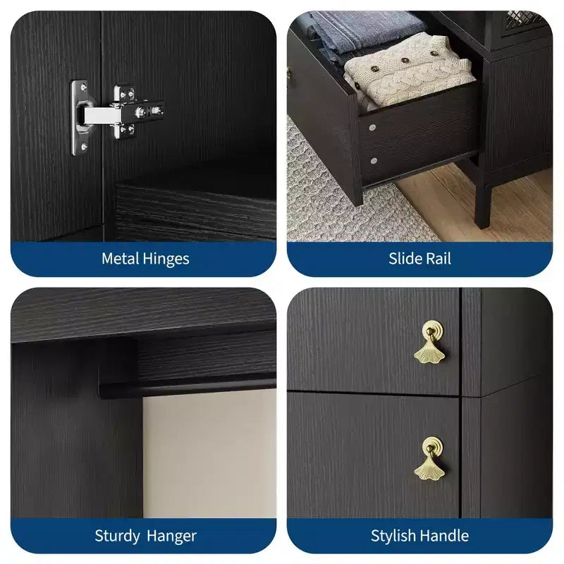 Grande armoire-dressing avec étagères et penderie, Armoire à cadre métallique de 78,9 cm avec tiroir, espace de suspension ouvert et compartiment de rangement