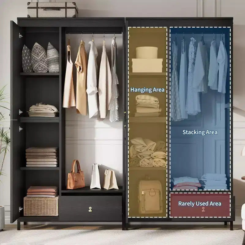 Grande armoire-dressing avec étagères et penderie, Armoire à cadre métallique de 78,9 cm avec tiroir, espace de suspension ouvert et compartiment de rangement
