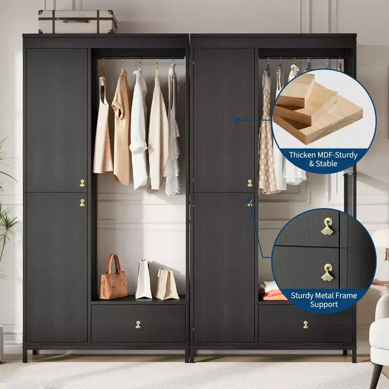 Grande armoire-dressing avec étagères et penderie, Armoire à cadre métallique de 78,9 cm avec tiroir, espace de suspension ouvert et compartiment de rangement