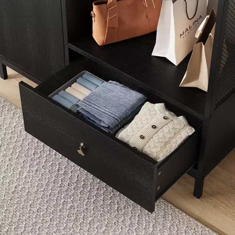 Grande armoire-dressing avec étagères et penderie, Armoire à cadre métallique de 78,9 cm avec tiroir, espace de suspension ouvert et compartiment de rangement