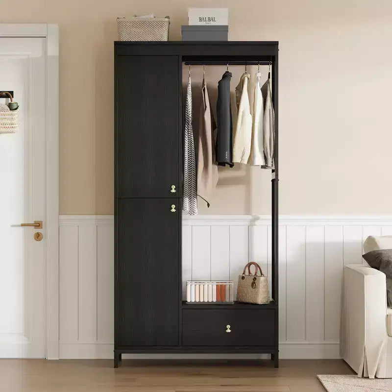 Grande armoire-dressing avec étagères et penderie, Armoire à cadre métallique de 78,9 cm avec tiroir, espace de suspension ouvert et compartiment de rangement