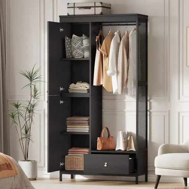 Grande armoire-dressing avec étagères et penderie, Armoire à cadre métallique de 78,9 cm avec tiroir, espace de suspension ouvert et compartiment de rangement
