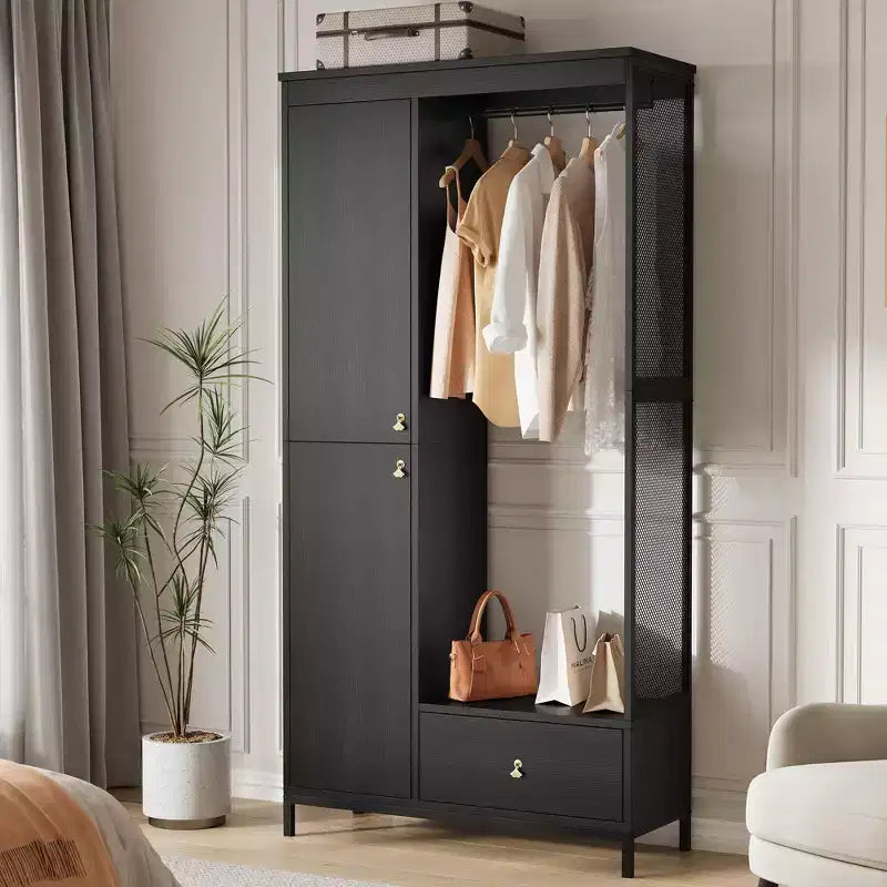 Large Wardrobe Closet with Shelves & Hanging Rail, 78.9 Metal Frame Armoire with Drawer, Open Hanging Space & Storage Compartment