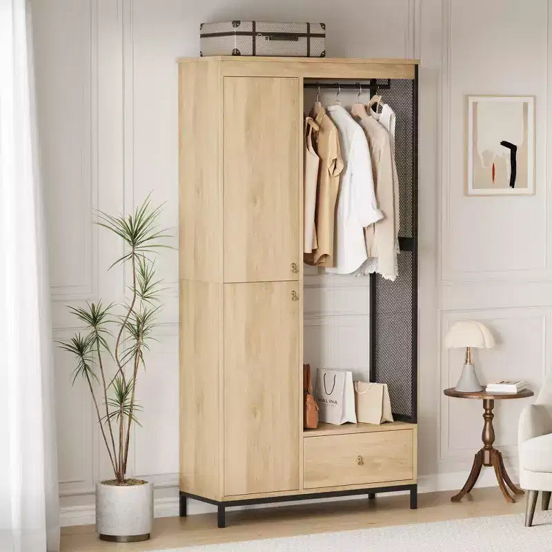 Grande armoire-dressing avec étagères et penderie, Armoire à cadre métallique de 78,9 cm avec tiroir, espace de suspension ouvert et compartiment de rangement