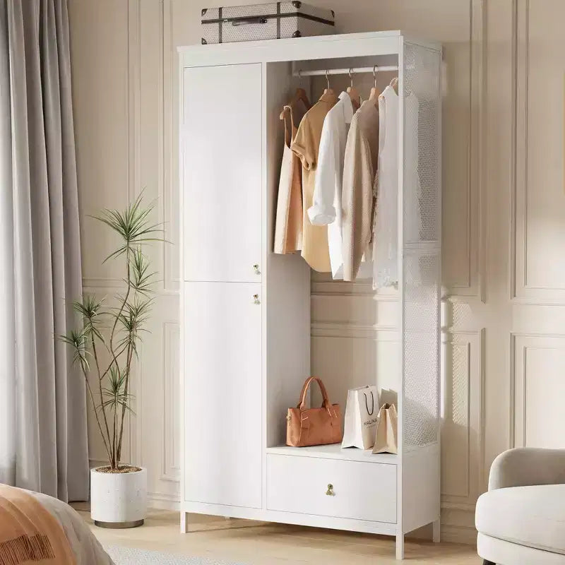 Grande armoire-dressing avec étagères et penderie, Armoire à cadre métallique de 78,9 cm avec tiroir, espace de suspension ouvert et compartiment de rangement