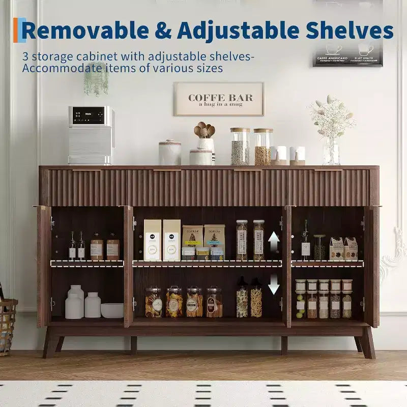 60 Farmhouse Fluted Buffet Cabinet with 3 Drawers and 4 Doors, Sideboard Coffee Bar with Adjustable Shelves