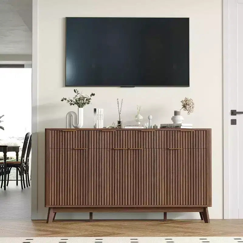 60 Farmhouse Fluted Buffet Cabinet with 3 Drawers and 4 Doors, Sideboard Coffee Bar with Adjustable Shelves
