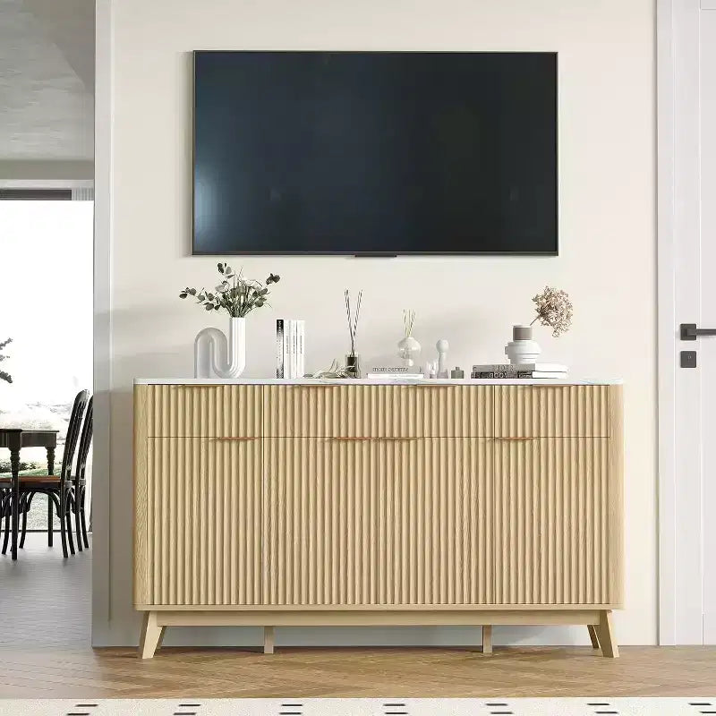 60 Farmhouse Fluted Buffet Cabinet with 3 Drawers and 4 Doors, Sideboard Coffee Bar with Adjustable Shelves