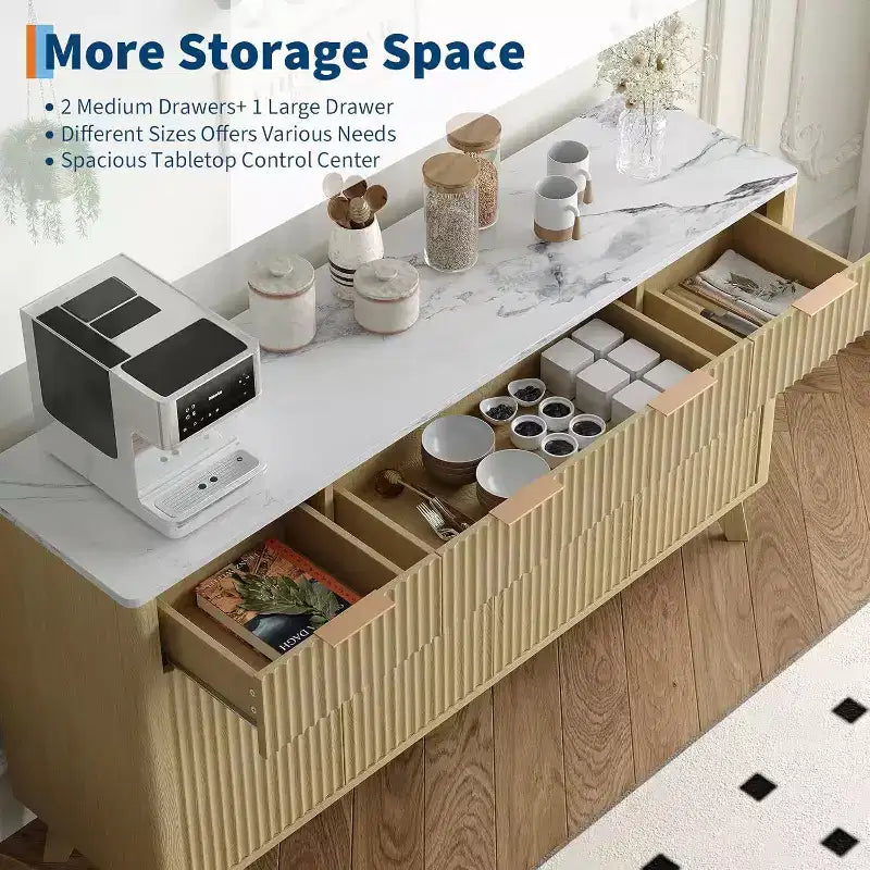 60 Farmhouse Fluted Buffet Cabinet with 3 Drawers and 4 Doors, Sideboard Coffee Bar with Adjustable Shelves